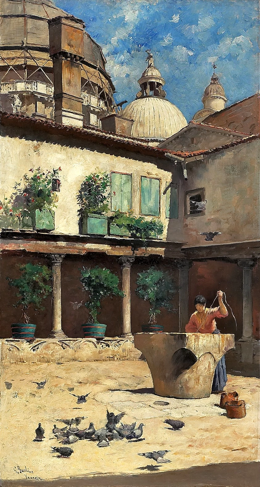 Interno di giardino con donna al pozzo